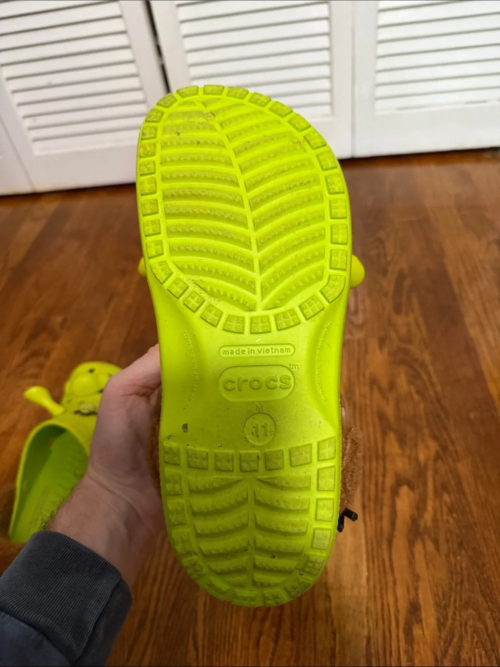 CROCS X Shrek Neon Lime Green Clog Sandals with Brown Fuzzy Heel Strap